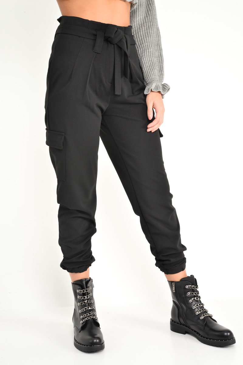 Black Paper Bag Cargo Pocket Trousers - Brette-Trousers