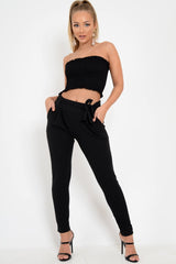 Black Paper Bag Tie Waist Cigarette Trousers - Karmen-Trousers