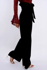 Black Paper Bag Tie Waist Wide Leg Trousers - Kennedy-Trousers