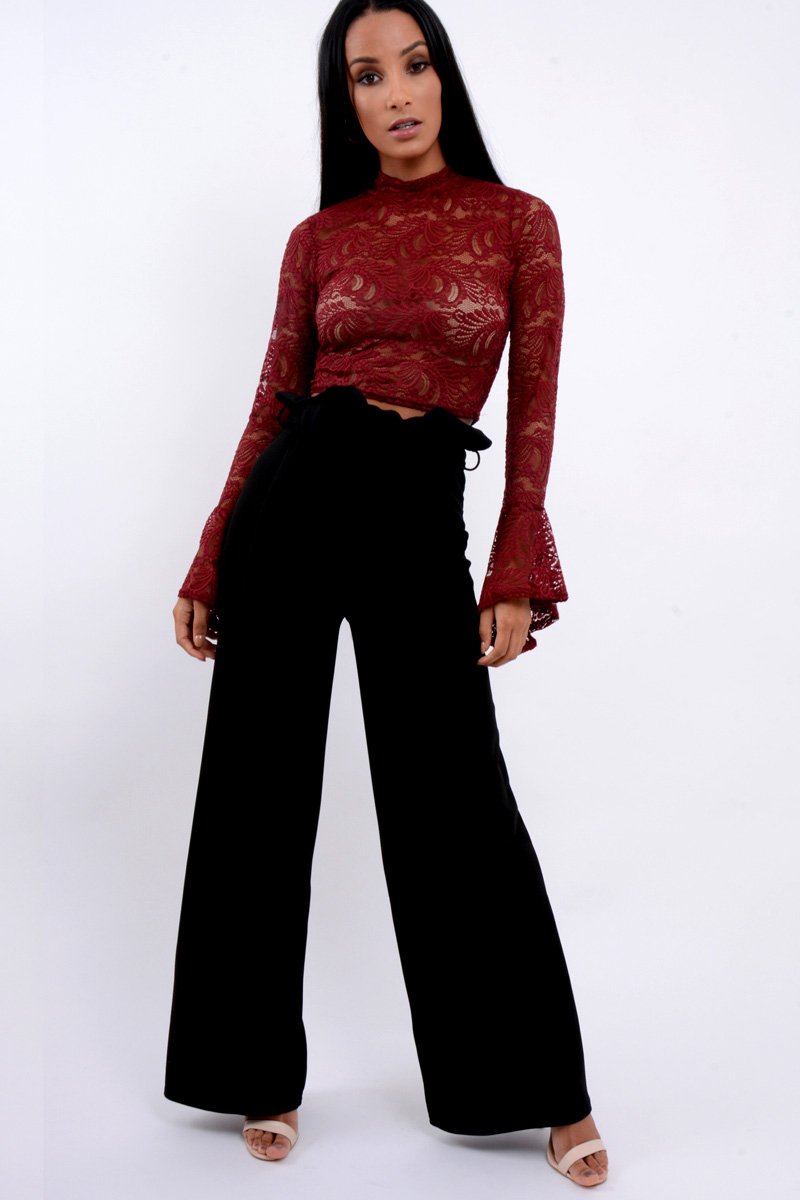 Black Paper Bag Tie Waist Wide Leg Trousers - Kennedy-Trousers