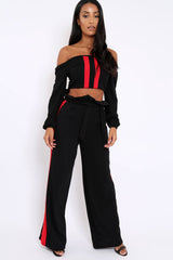 Black Paper Bag Tie Waist Wide Leg Trousers With Red Stripe - Kennedy-Trousers