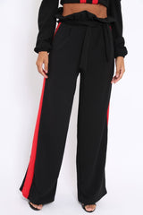 Black Paper Bag Tie Waist Wide Leg Trousers With Red Stripe - Kennedy-Trousers