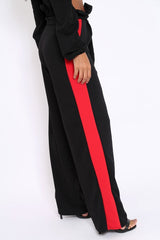 Black Paper Bag Tie Waist Wide Leg Trousers With Red Stripe - Kennedy-Trousers