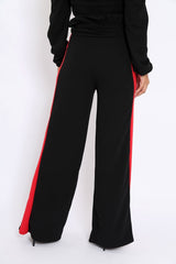 Black Paper Bag Tie Waist Wide Leg Trousers With Red Stripe - Kennedy-Trousers