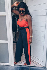 Black Paper Bag Tie Waist Wide Leg Trousers With Red Stripe - Kennedy-Trousers