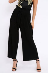 Black Paper Bag Waist Wide Legged Pleated Trousers - Louise-Trousers
