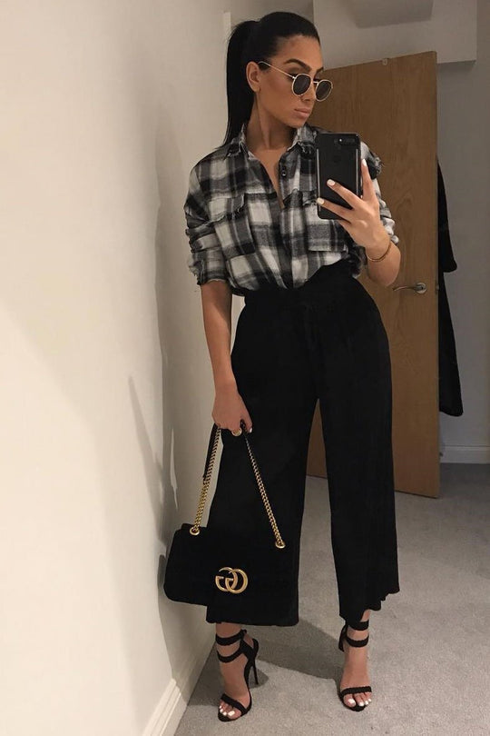 Black Paper Bag Waist Wide Legged Pleated Trousers - Louise