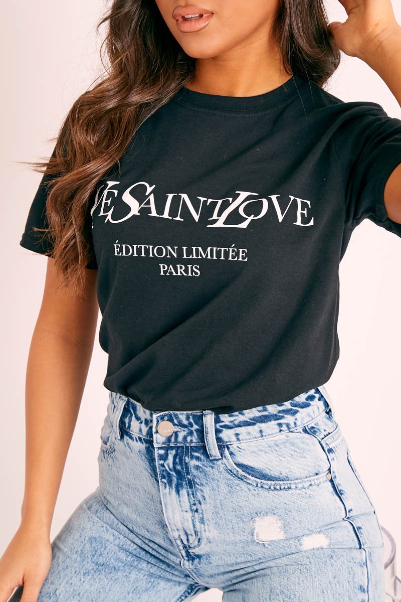 Black Parisian Slogan T-shirt - Beckie-T-shirt