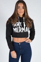 Black Part Time Mermaid Slogan Cropped Hoodie - Lora-Loungewear