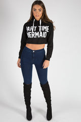 Black Part Time Mermaid Slogan Cropped Hoodie - Lora-Loungewear