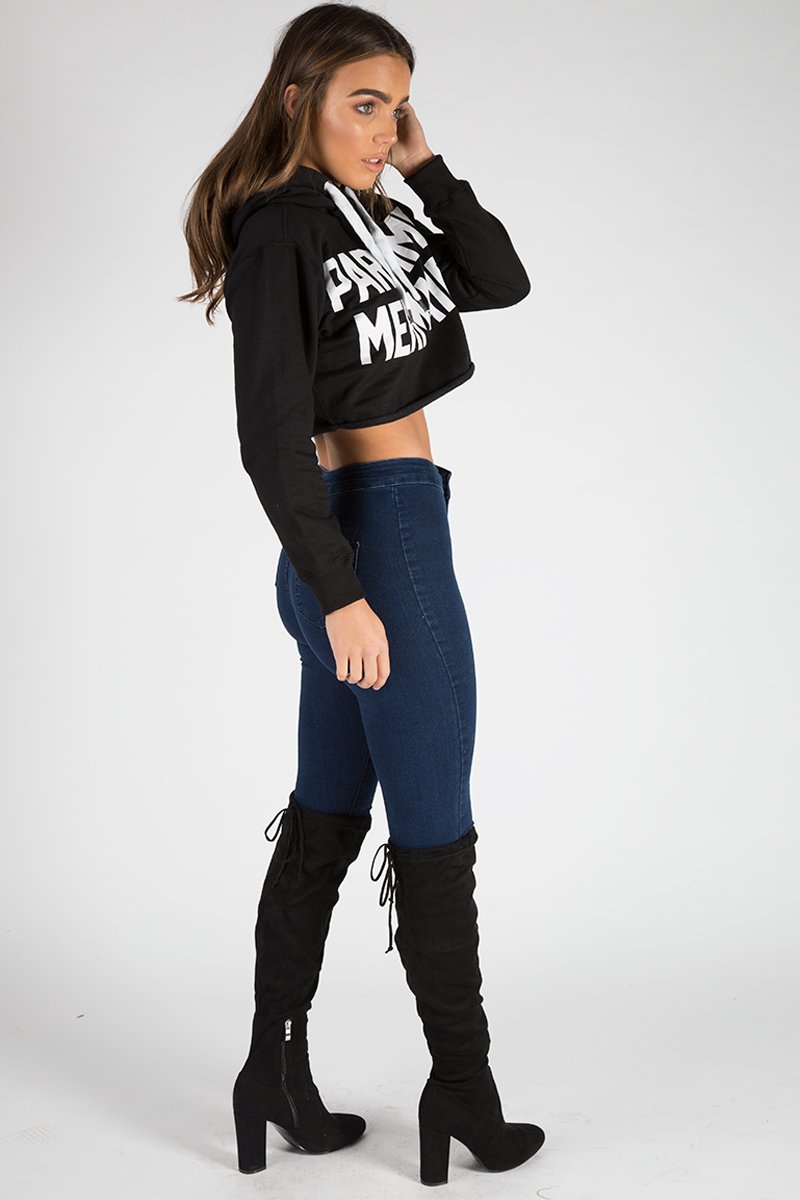 Black Part Time Mermaid Slogan Cropped Hoodie - Lora-Loungewear