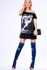 Black 'Party Girl' Graphic Print Bardot T-Shirt Dress - Lula-Dresses