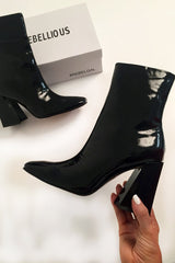 Black Patent Block Heel Ankle Boots - Aariyana-Boots
