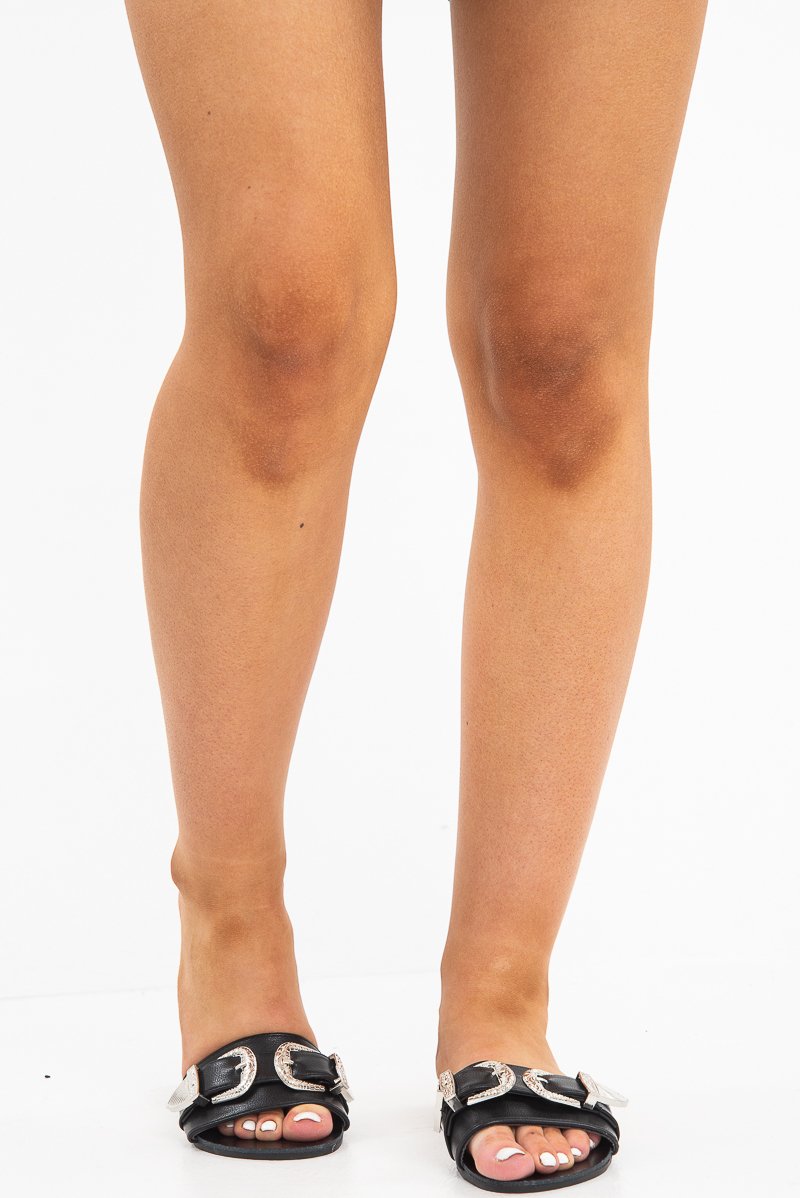 Black Patent Buckle Front Slip On Sandals - Zailey-Sandals