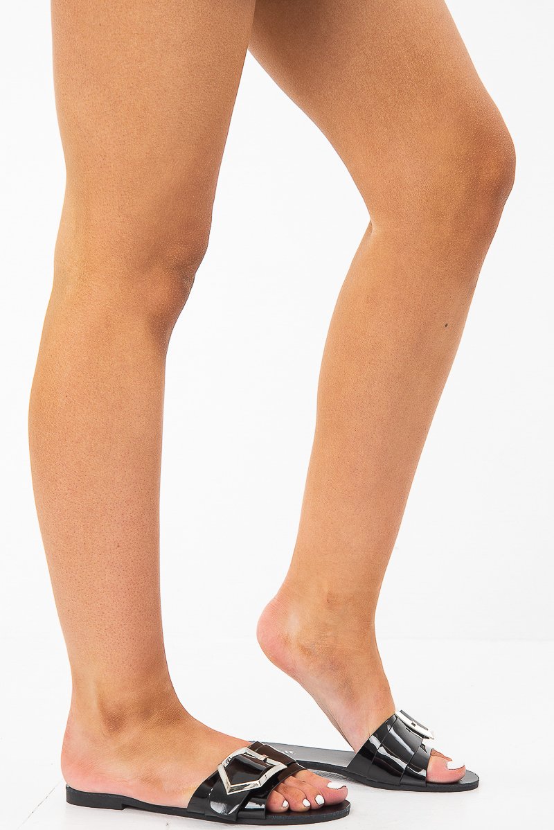 Black Patent Buckle Front Slip On Sandals - Zailey-Sandals