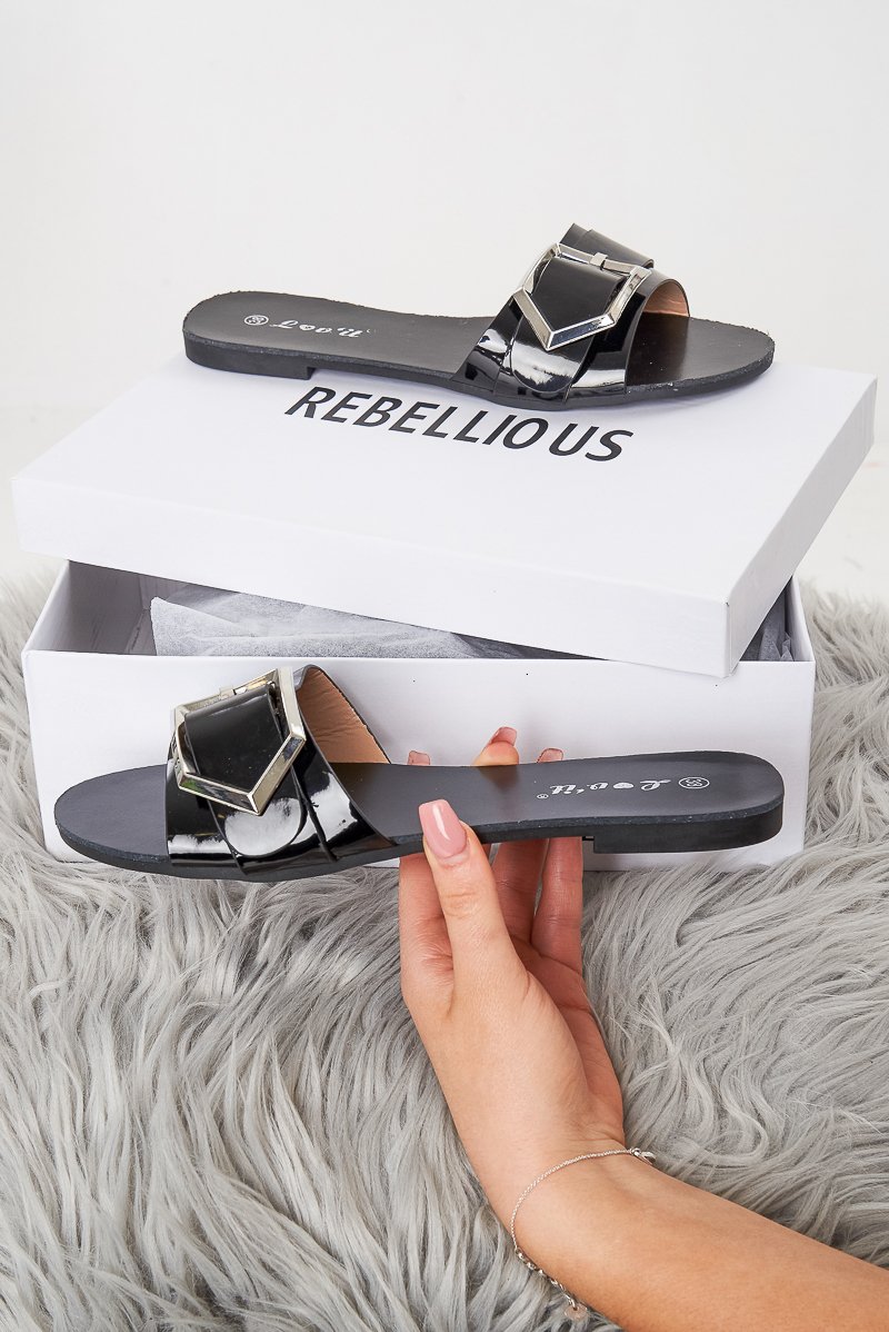 Black Patent Buckle Front Slip On Sandals - Zailey-Sandals