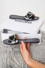 Black Patent Buckle Front Slip On Sandals - Zailey-Sandals