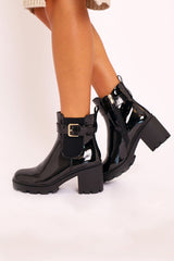 Black Patent Buckle Heeled Chelsea Boot - Damari-Boots