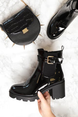 Black Patent Buckle Heeled Chelsea Boot - Damari-Boots