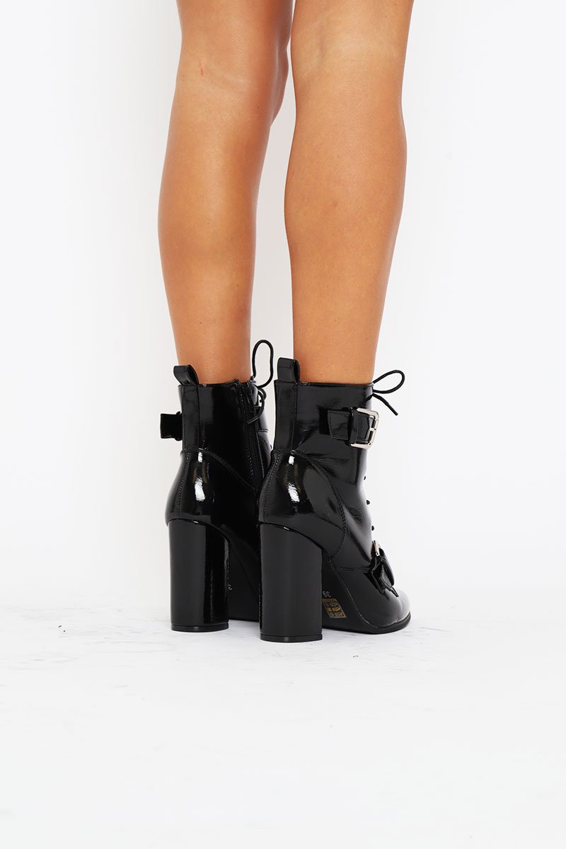 Black Patent Buckle Pointed Boots - Canyon-Boots