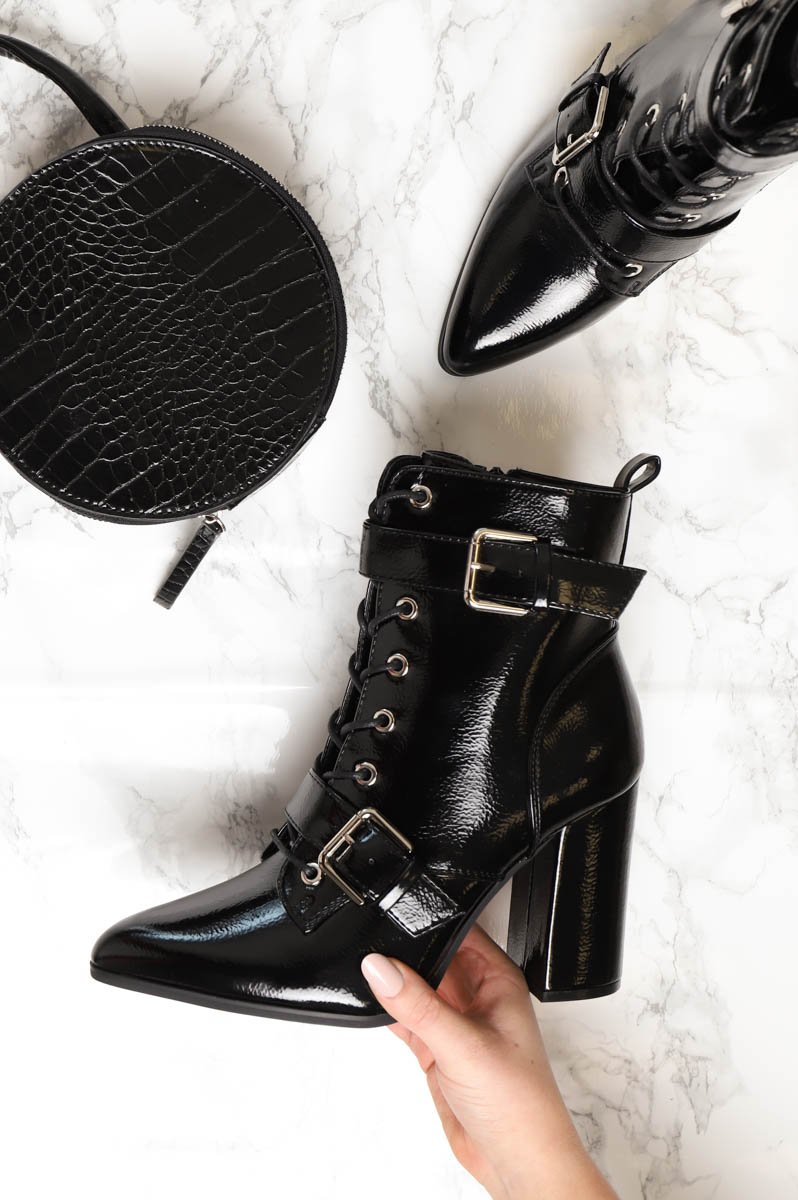 Black Patent Buckle Pointed Boots - Canyon-Boots