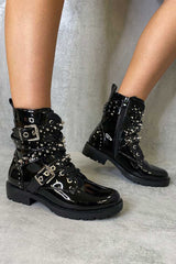 Black Patent Buckle Stud Strap Biker Boots - Saina-Boots