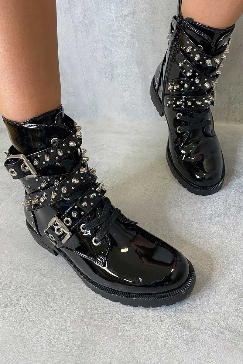 Black Patent Buckle Stud Strap Biker Boots - Saina-Boots