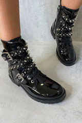 Black Patent Buckle Stud Strap Biker Boots - Saina-Boots