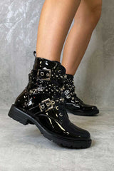 Black Patent Buckle Stud Strap Biker Boots - Saina-Boots