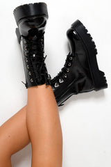 Black Patent Chunky Biker Boots - Adaliz-Shoes