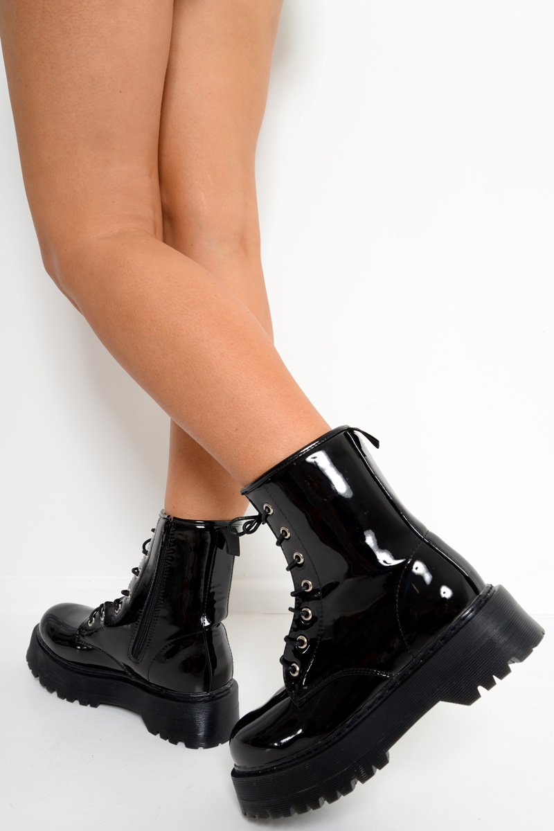 Black Patent Chunky Biker Boots - Adaliz-Shoes