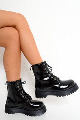 Black Patent Chunky Biker Boots - Adaliz-Shoes
