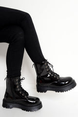 Black Patent Chunky Biker Boots - Adaliz-Shoes