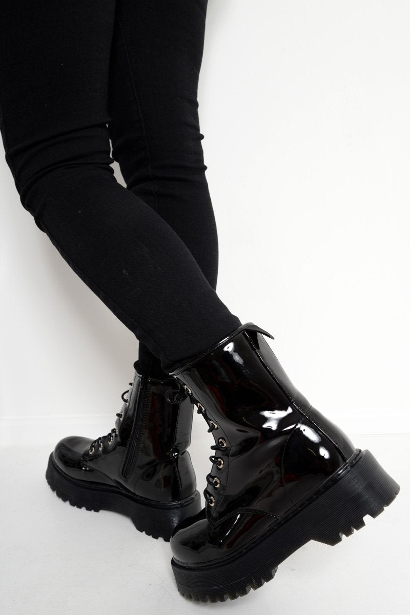 Black Patent Chunky Biker Boots - Adaliz-Shoes