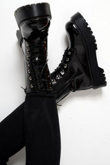 Black Patent Chunky Biker Boots - Adaliz-Shoes