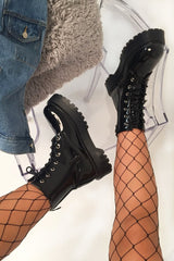 Black Patent Chunky Biker Boots - Adaliz-Shoes
