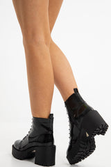 Black Patent Chunky Sole Block Heel Boots - Helsa-Boots