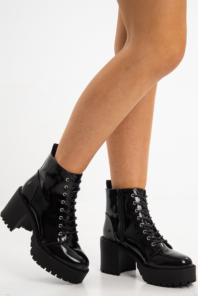 Black Patent Chunky Sole Block Heel Boots - Helsa-Boots
