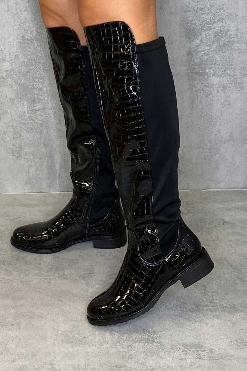 Black Patent Croc Knee High Flat Boots - Reginna-Boots