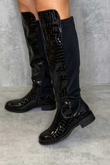 Black Patent Croc Knee High Flat Boots - Reginna-Boots
