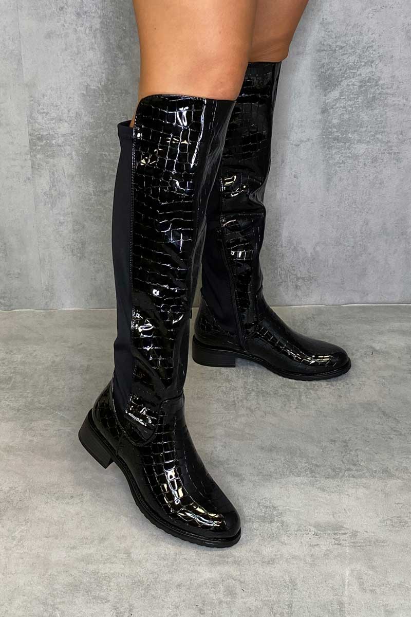 Black Patent Croc Knee High Flat Boots - Reginna-Boots