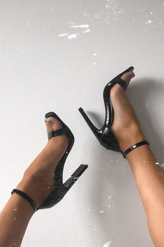 Black Patent Croc Print Thin Block Heels - Olivia