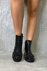 Black Patent Croc Stud Chelsea Boots - Taegan-Boots