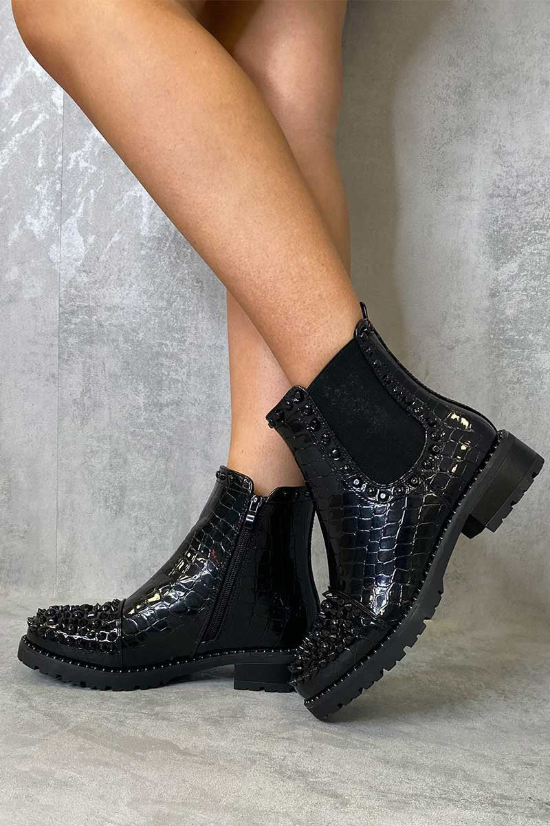 Black Patent Croc Stud Chelsea Boots - Taegan-Boots