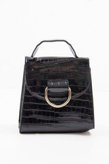 Black Patent Faux Croc Handle Detail Bag - Barbara-Bags