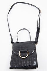 Black Patent Faux Croc Handle Detail Bag - Barbara-Bags