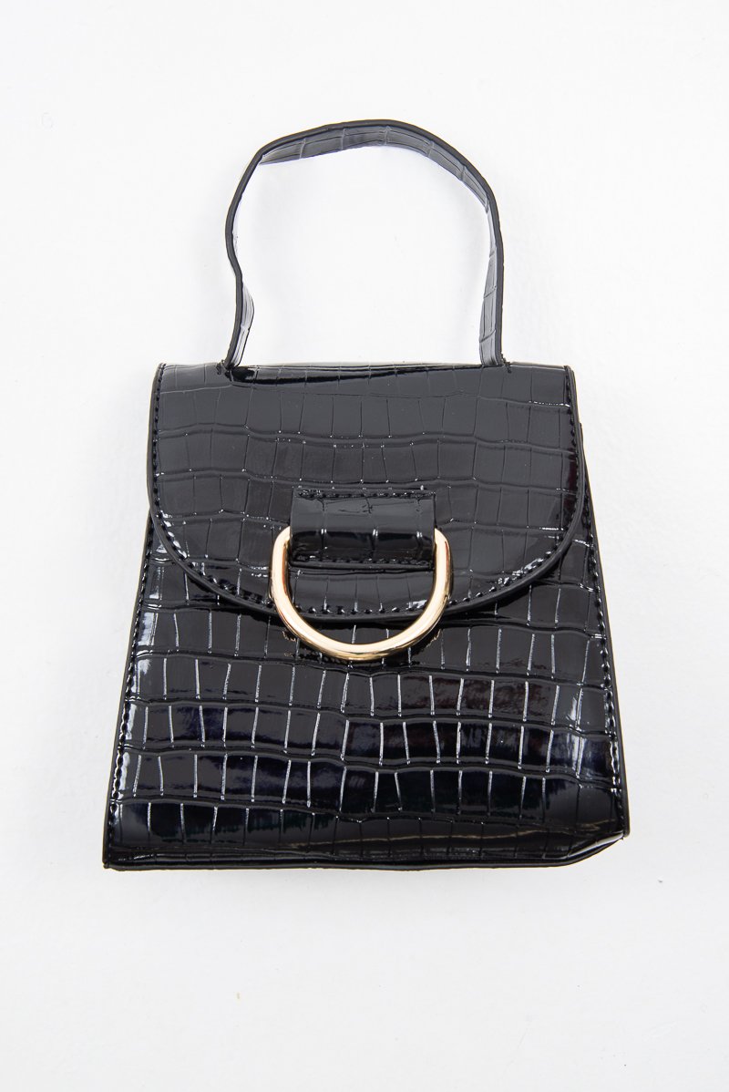 Black Patent Faux Croc Handle Detail Bag - Barbara-Bags