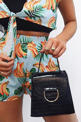 Black Patent Faux Croc Handle Detail Bag - Barbara-Bags