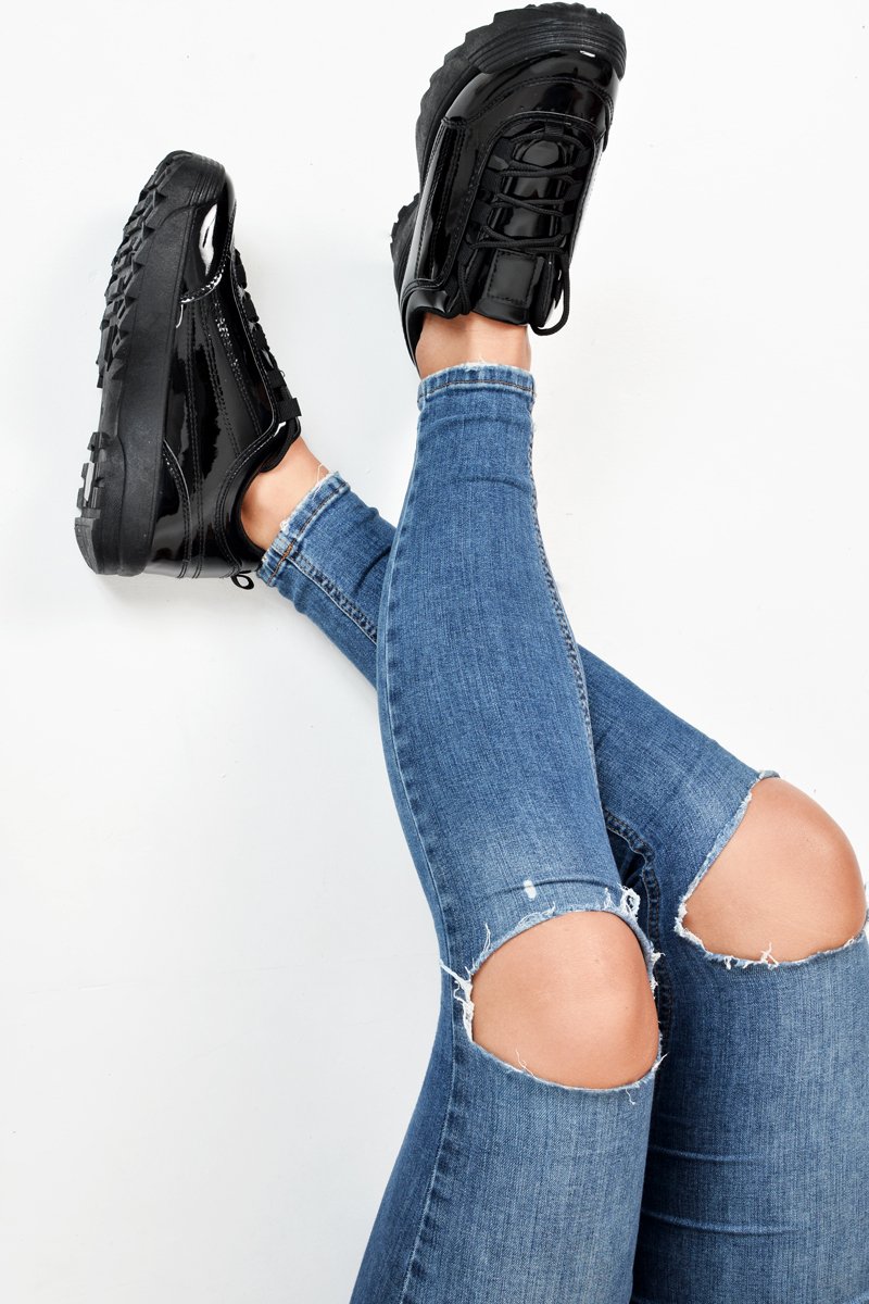 Black Patent Faux Leather Chunky Trainers - Esmi-Trainers