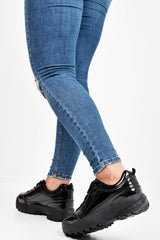 Black Patent Faux Leather Chunky Trainers - Esmi-Trainers